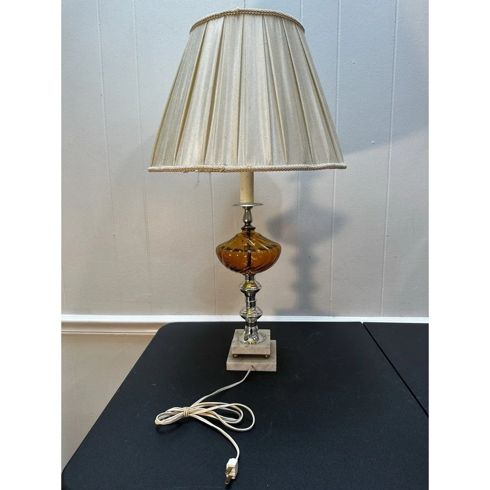 Vintage‎ Amber Glass Table Lamp Marble Base Chrome Metal Pleated Shade 29
